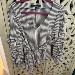 WHBM Grey and white Striped Ruffle Sleeve  Top